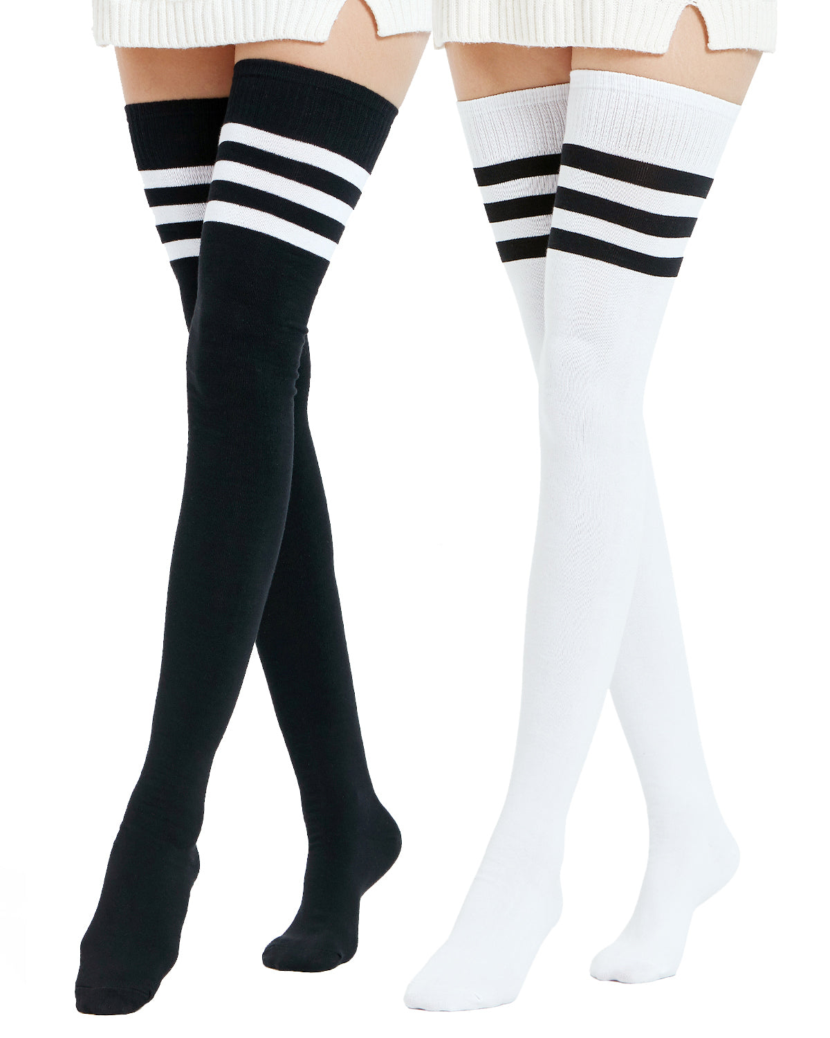 White Stripes Thigh High Socks, Black Thigh Socks