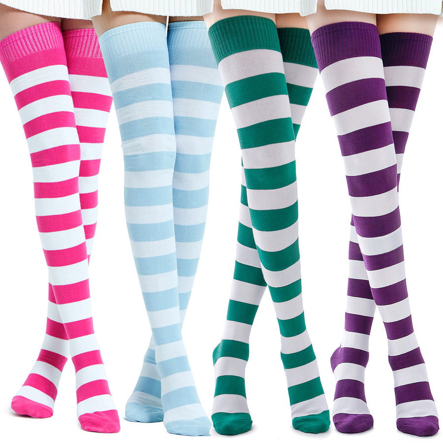 Kayhoma Extra Long Cotton Stripe Thigh High Socks Over the Knee High Stockings