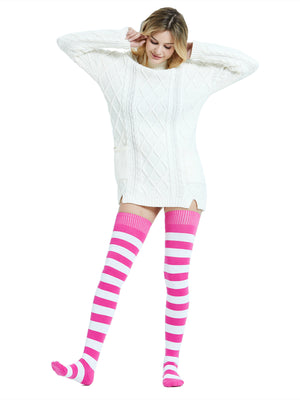 Kayhoma Extra Long Cotton Stripe Thigh High Socks Over the Knee High  Stockings